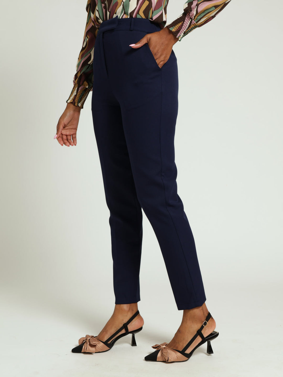 Button Tab Slim Leg Pants - Navy