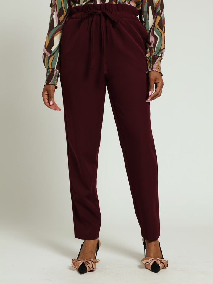 Tie Up Paper Bag Tapered Leg Pants - Plum