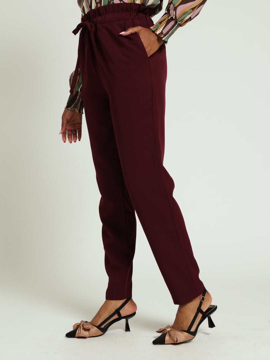 Tie Up Paper Bag Tapered Leg Pants - Plum