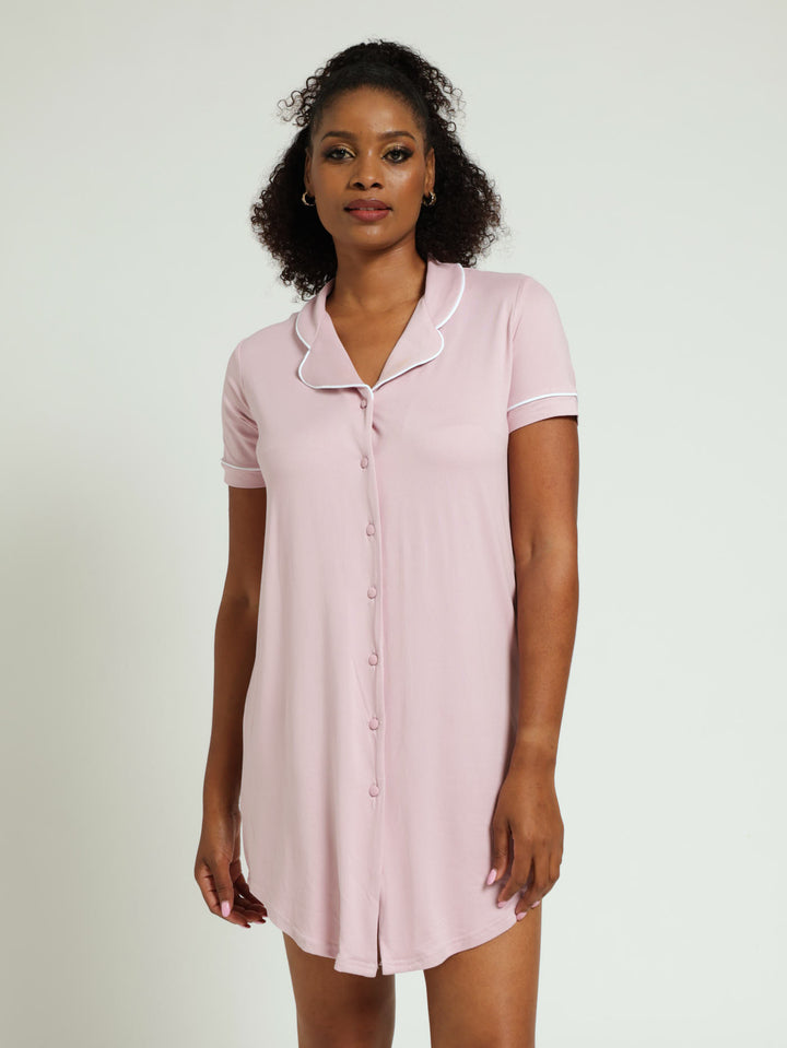 Ditsy Button Through Soft Touch Sleepshirt - Dusty Pink