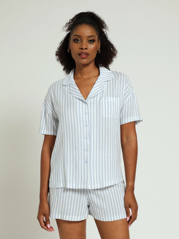 Linen Stripe Button Through Pj Shorts Set - White/Blue