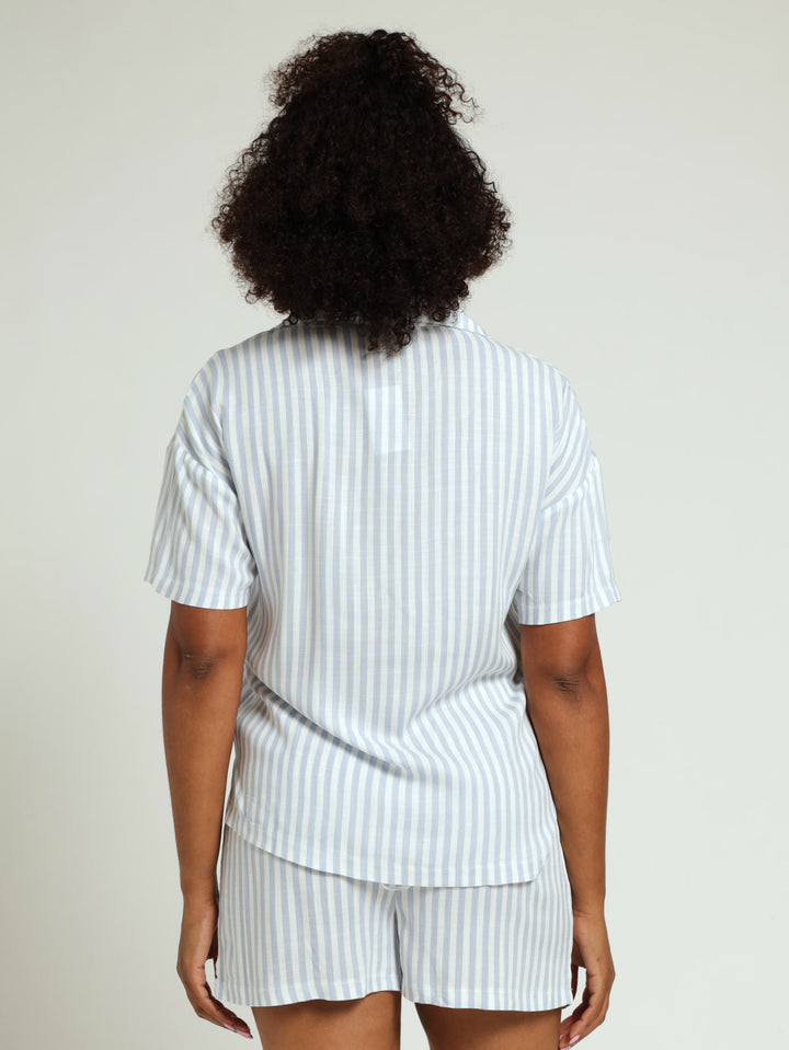 Linen Stripe Button Through Pj Shorts Set - White/Blue