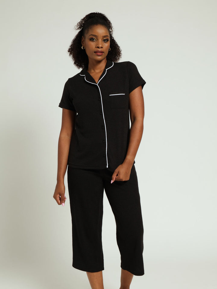 Button Through & Capri Waffle Sleep Set - Black