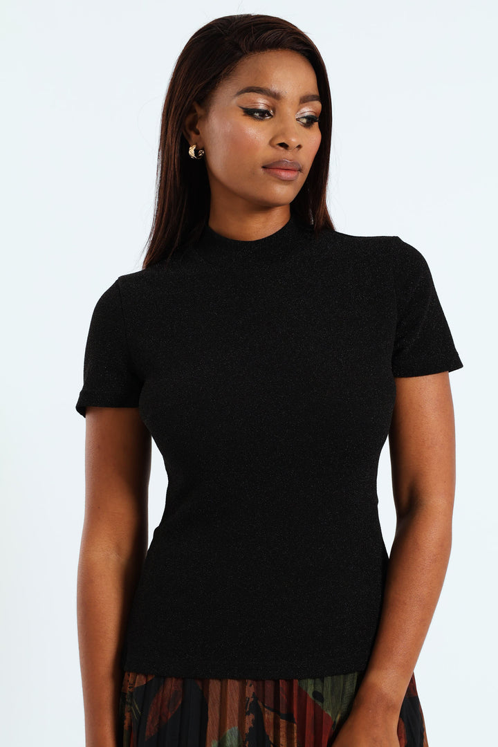 High Neck Shimmer Blouse - Black