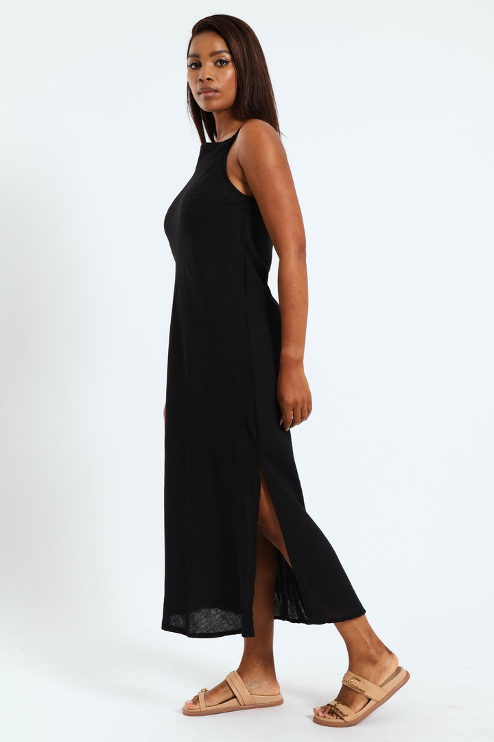 Strappy Hi-Neck Maxi Slip Dress - Black