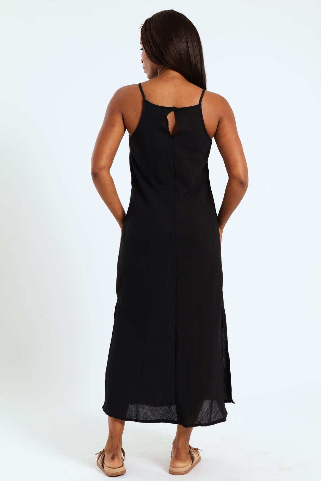 Strappy Hi-Neck Maxi Slip Dress - Black