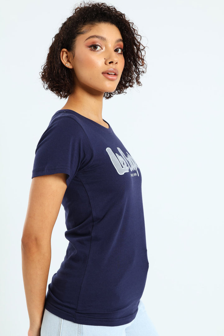 Ladies Lurex Embroidered Tee - Navy