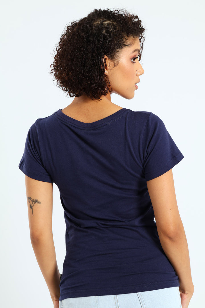 Ladies Lurex Embroidered Tee - Navy