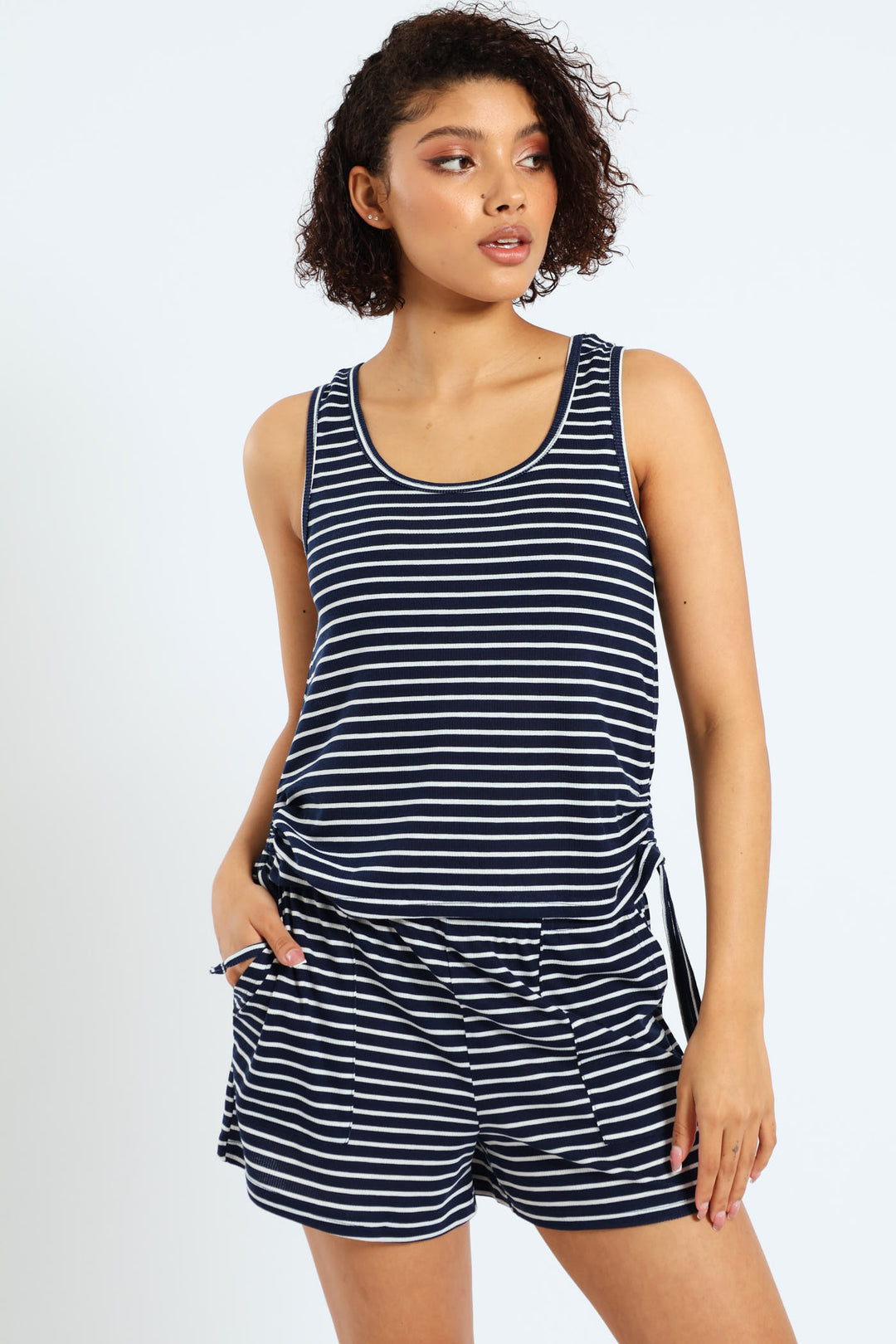 Side Ties Stripe Rib Tank  - White/Navy