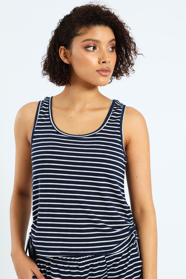 Side Ties Stripe Rib Tank  - White/Navy