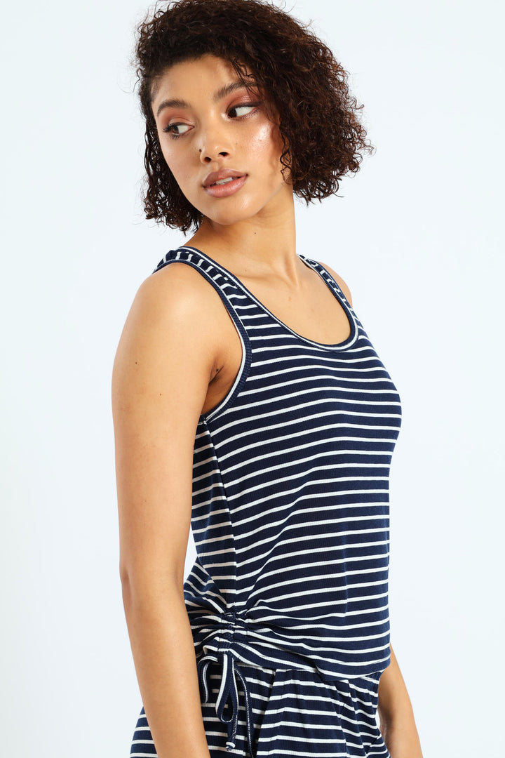 Side Ties Stripe Rib Tank  - White/Navy