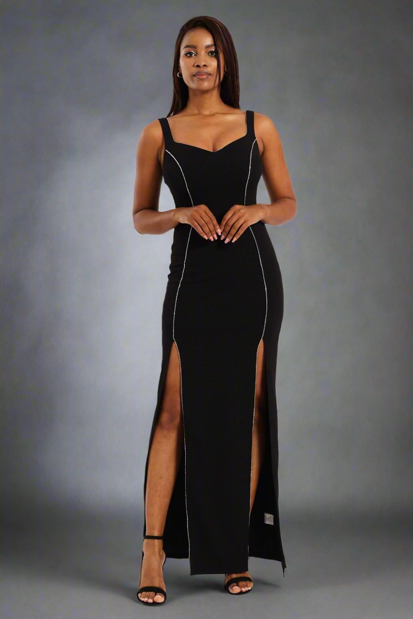 Diamante Trim And Split Detail Maxi Dress - Black