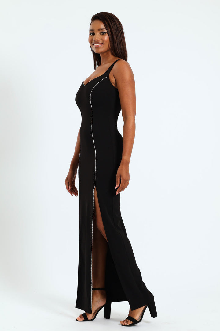 Diamante Trim And Split Detail Maxi Dress - Black