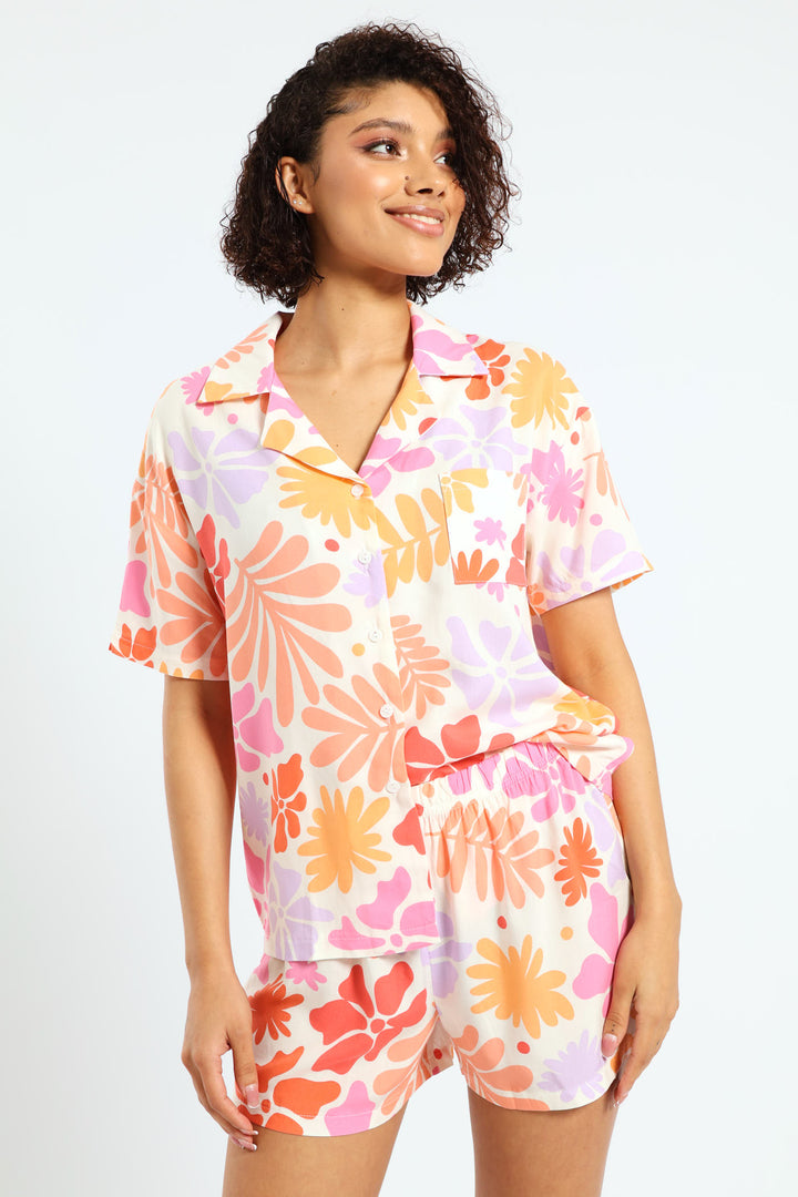 Button Through Viscose Abstract Palm Short Set