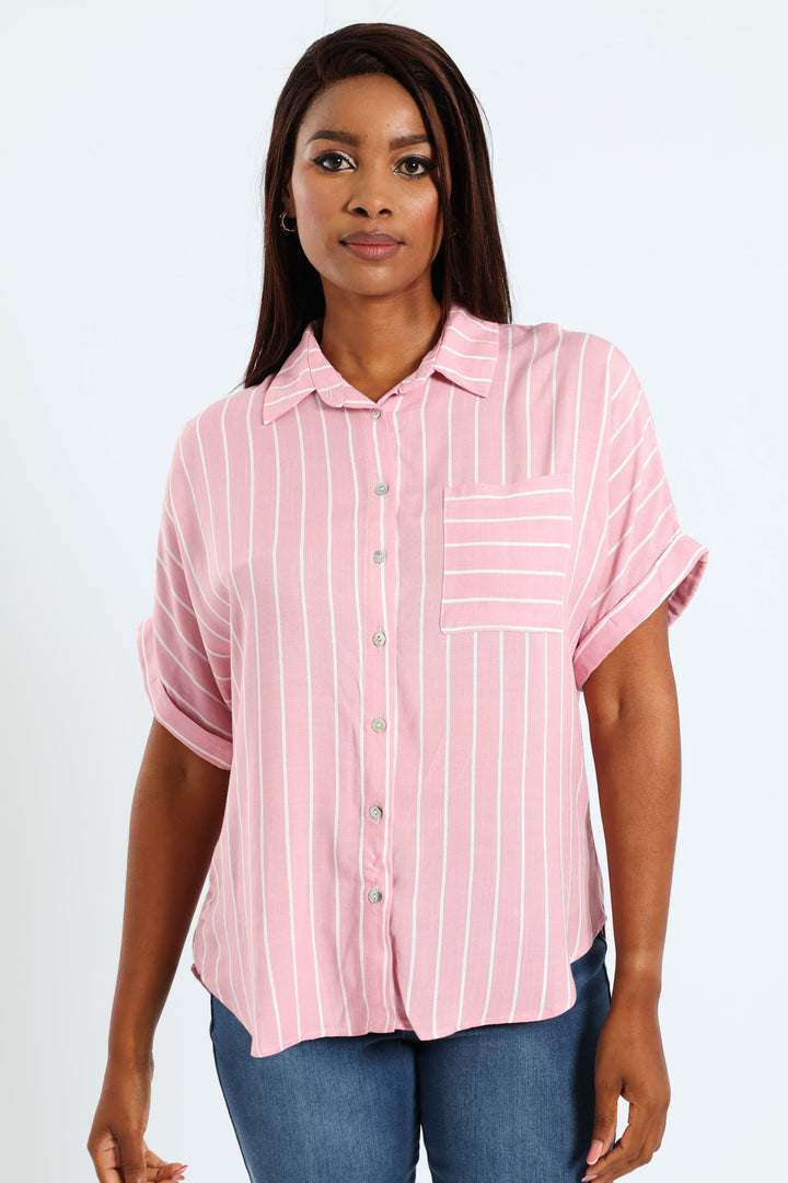 Turnup Pocket Easy Wearing Stripe Shirt - Dusty Pink