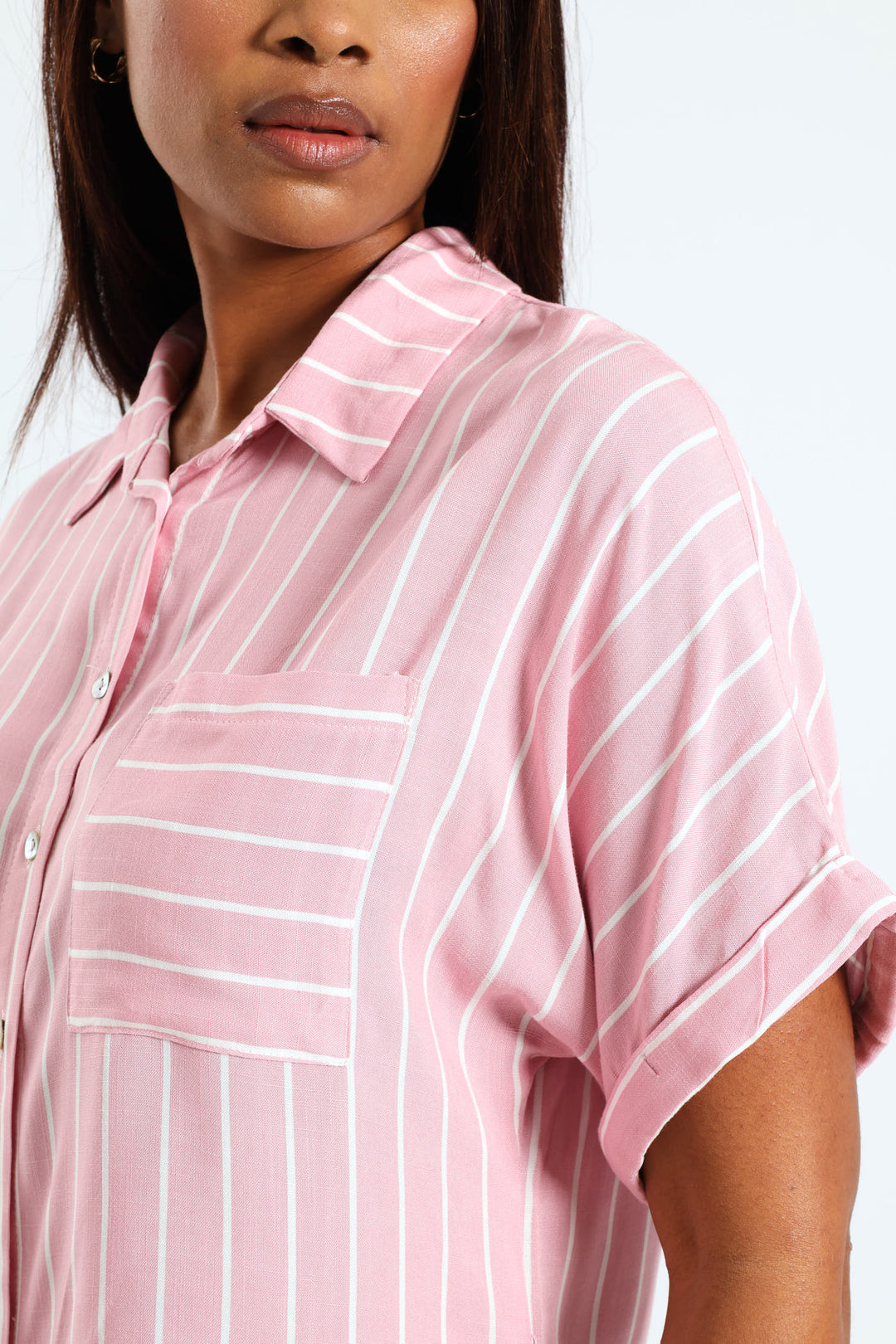 Turnup Pocket Easy Wearing Stripe Shirt - Dusty Pink