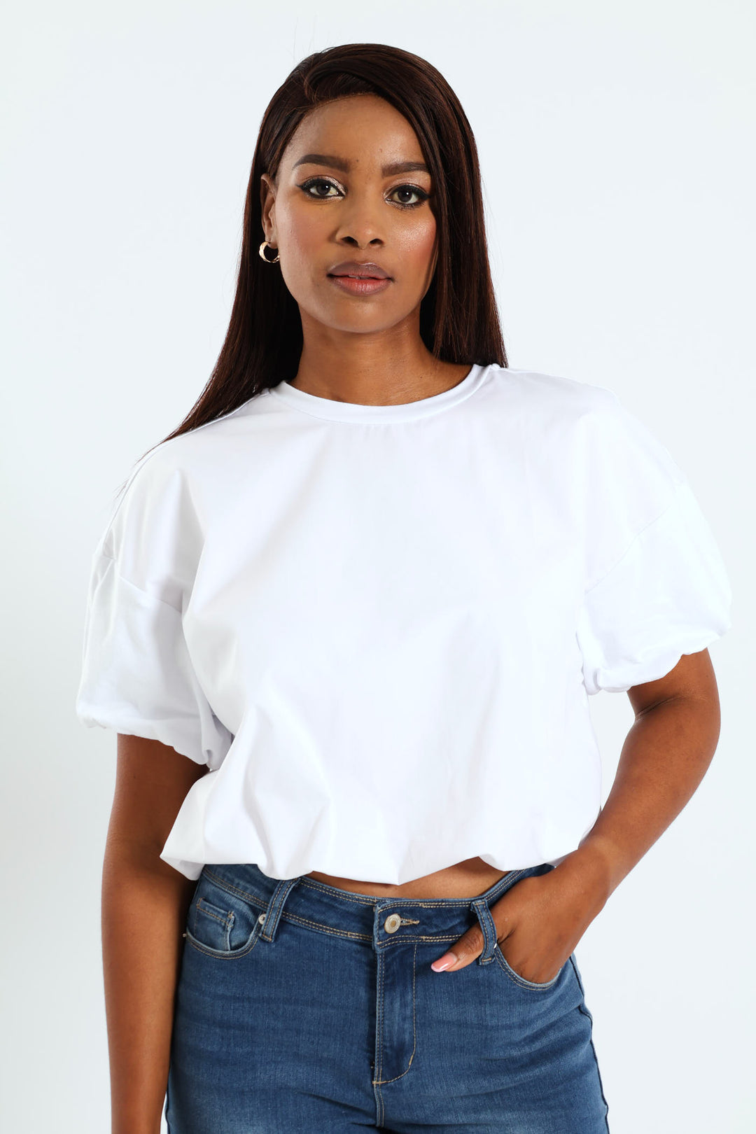 Bubble Sleeve & Hem Combo Top - White