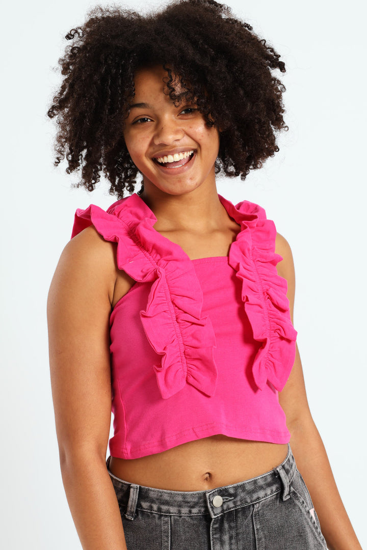 Girls Frilled Lycra Top - Cerise