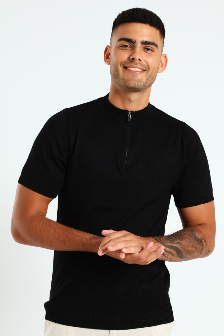 Quarter Zip Knit T-Shirt - Black