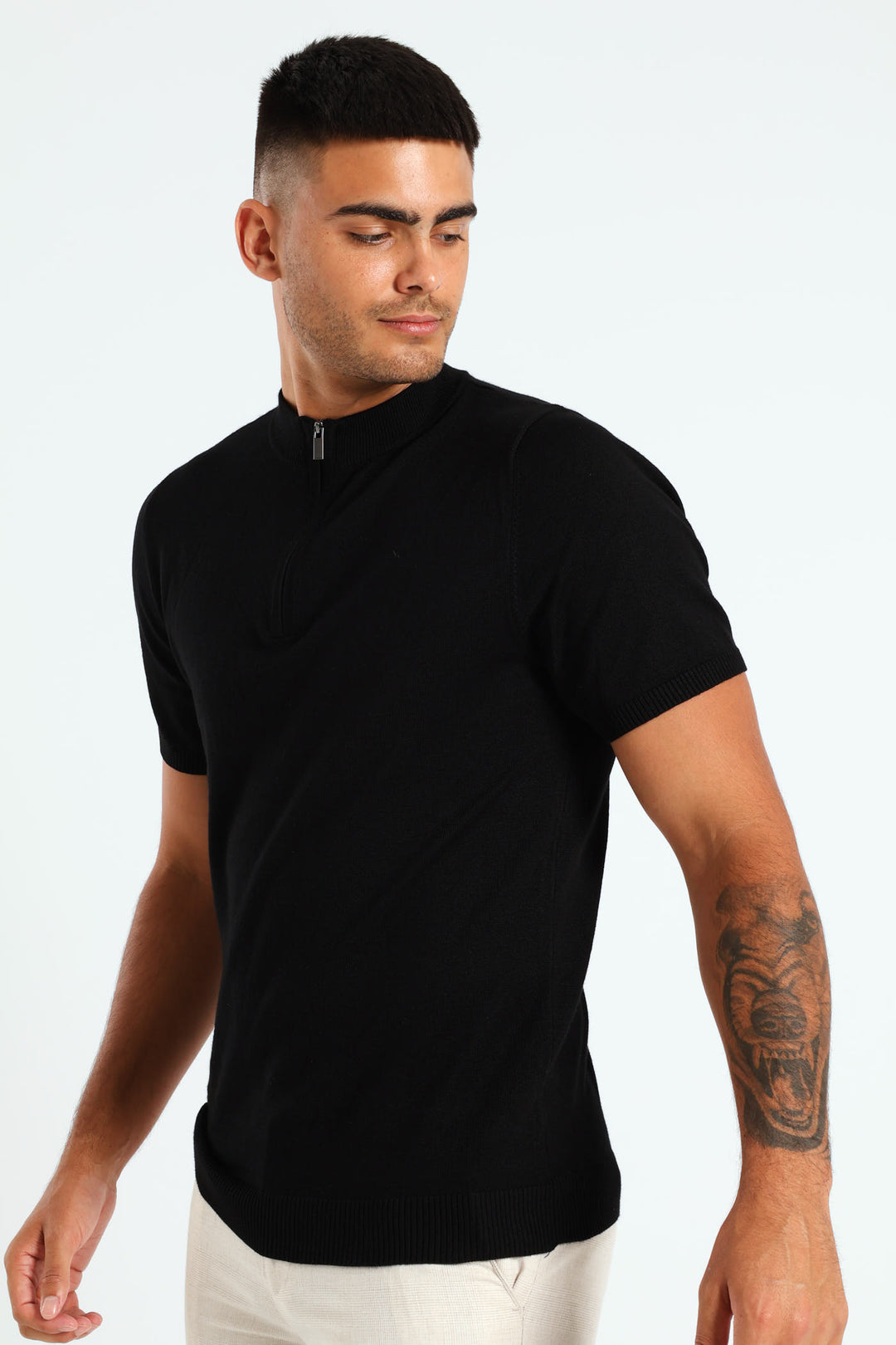 Quarter Zip Knit T-Shirt - Black