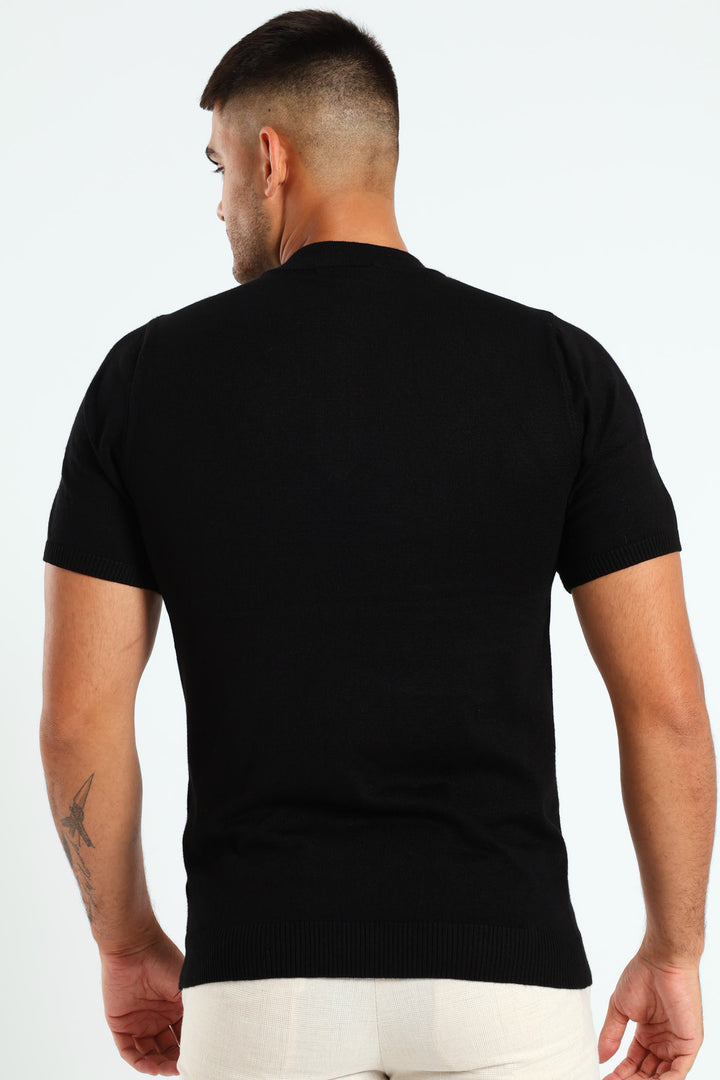 Quarter Zip Knit T-Shirt - Black