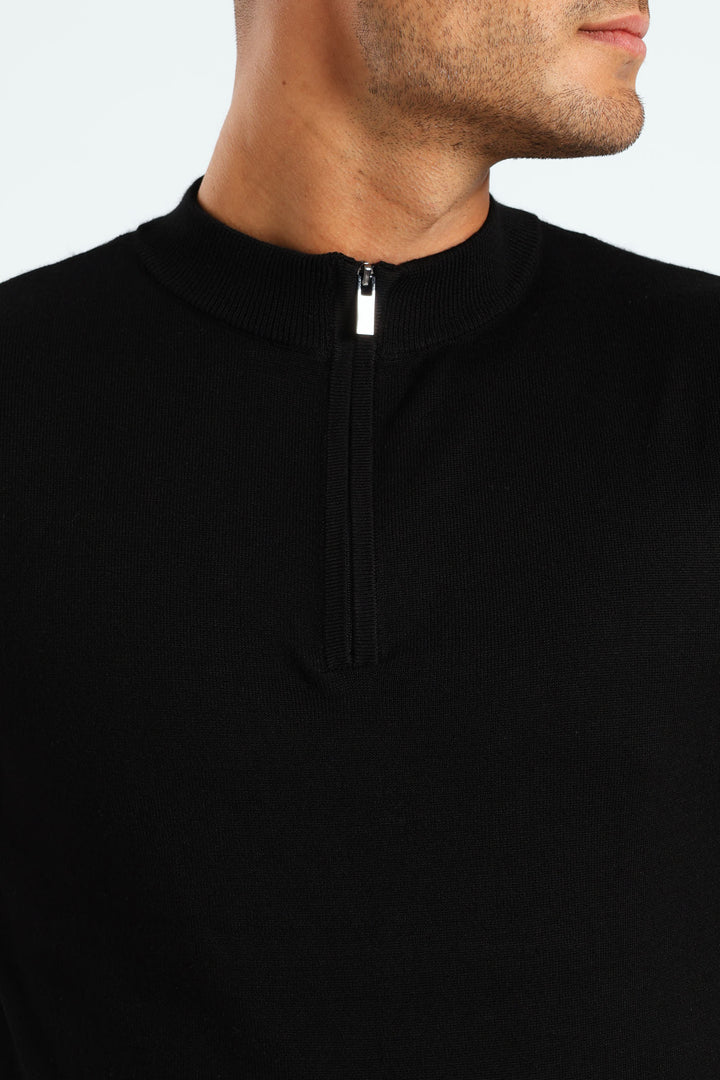 Quarter Zip Knit T-Shirt - Black