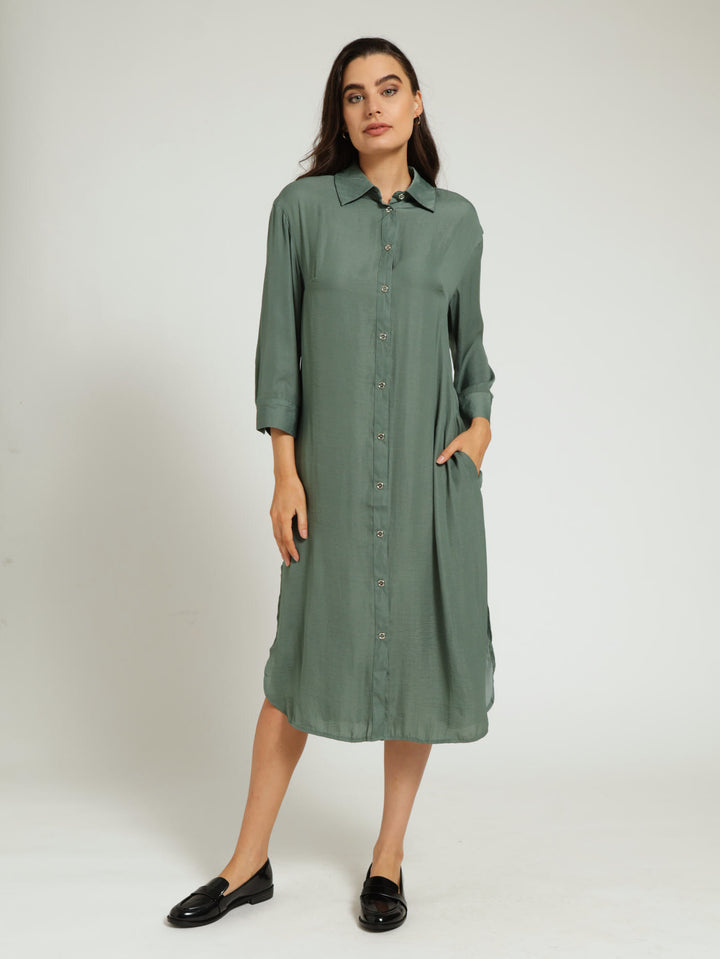 Long Sleeve Midi Shirt Dress - Dark Sage