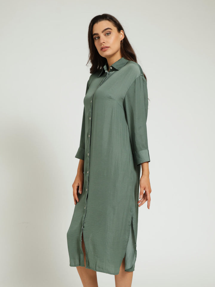 Long Sleeve Midi Shirt Dress - Dark Sage