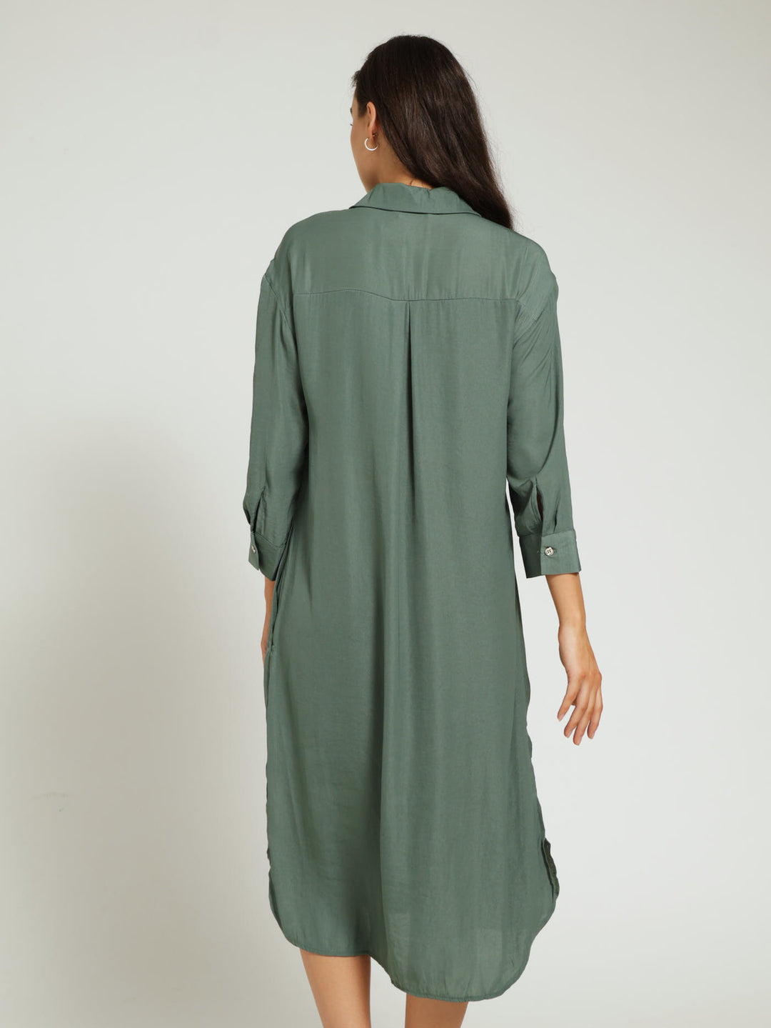 Long Sleeve Midi Shirt Dress - Dark Sage