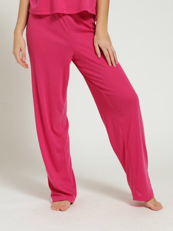 Straight Leg Rib Knit Pj Pants - Pink