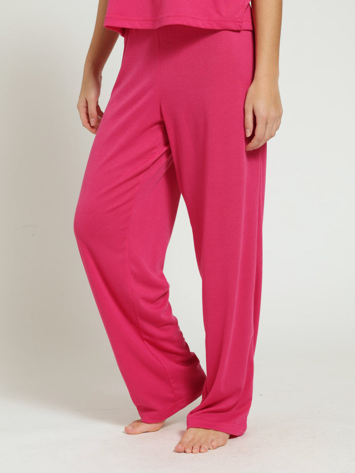 Straight Leg Rib Knit Pj Pants - Pink