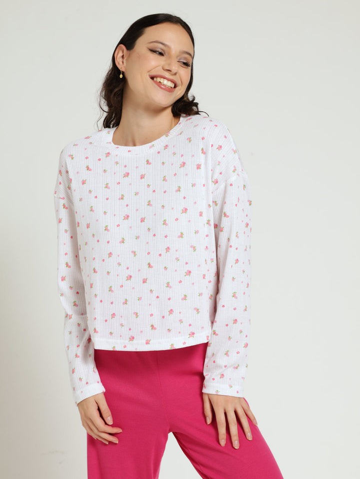 Long Sleeve Rib Pullover Ditsy Floral Sleepwear - White