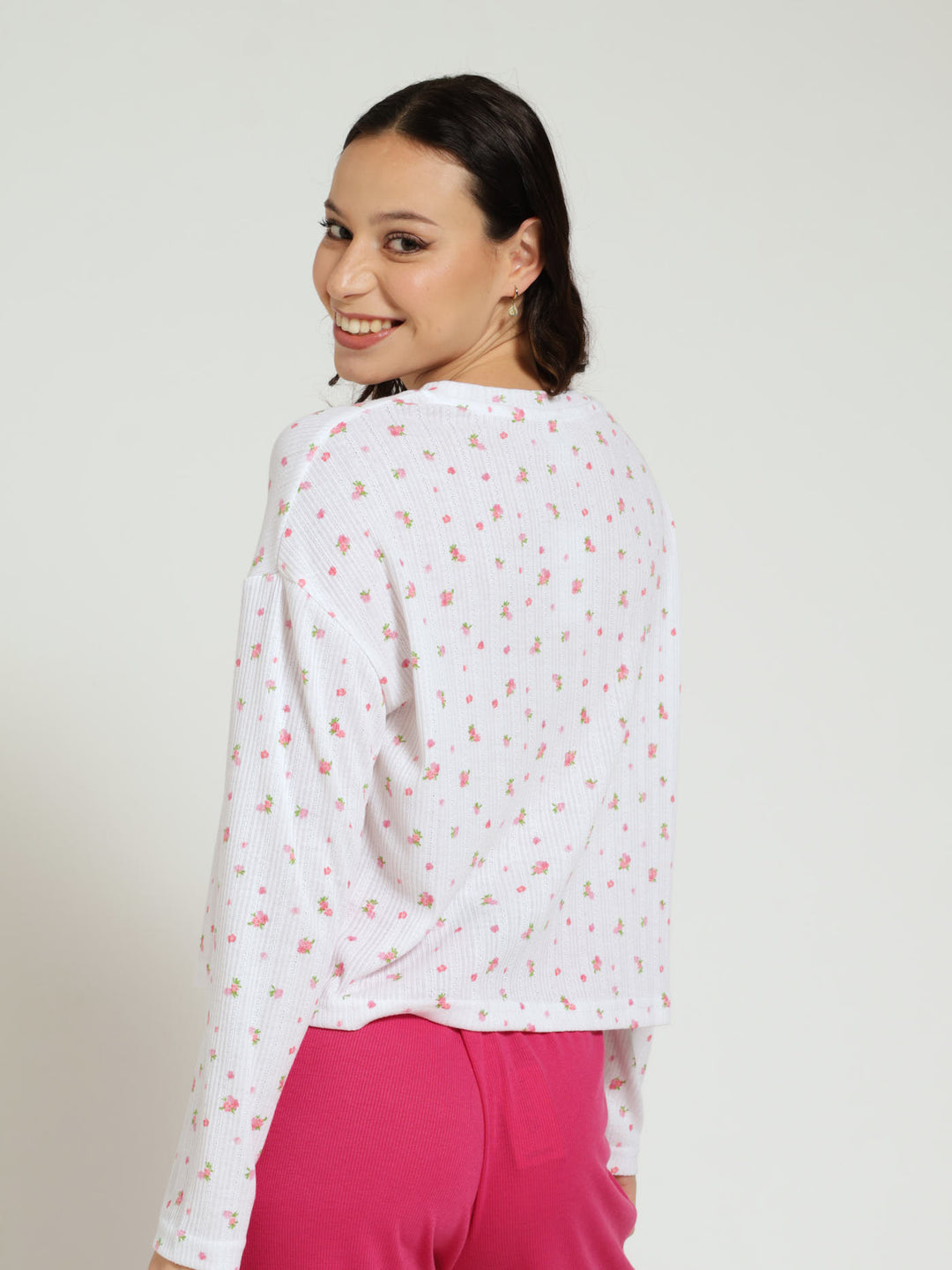 Long Sleeve Rib Pullover Ditsy Floral Sleepwear - White