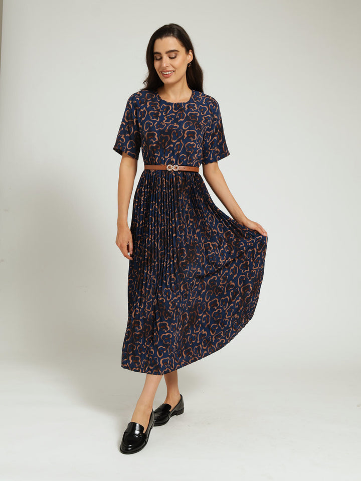 Pleated Dress With Tan Belt - Blue