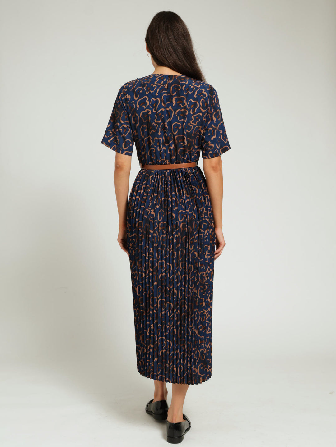 Pleated Dress With Tan Belt - Blue