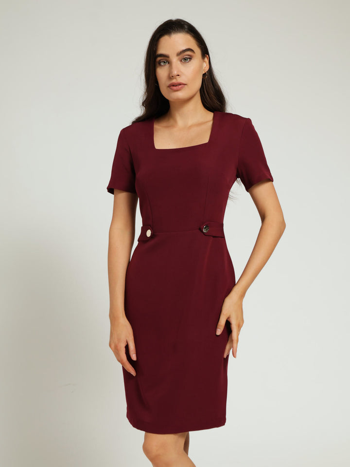 Square Neck 3/4 Sleeve Pencil Dress - Wine