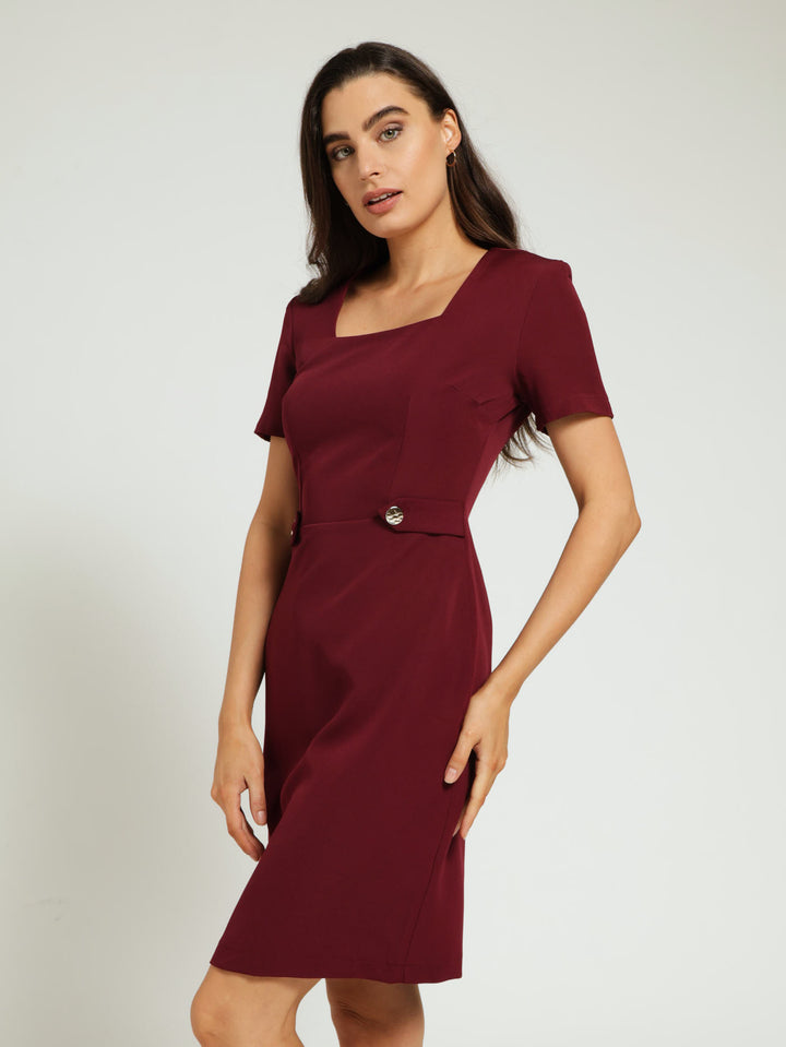 Square Neck 3/4 Sleeve Pencil Dress - Wine