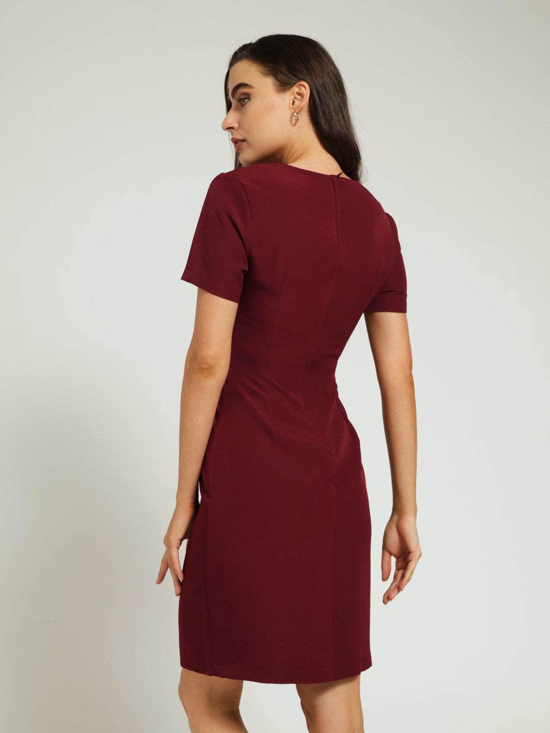 Square Neck 3/4 Sleeve Pencil Dress - Wine