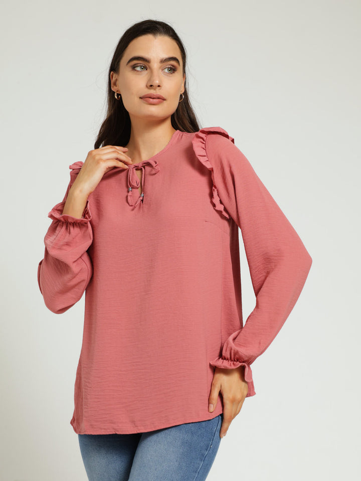 Long Sleeve V-Neck Blouse With Frill Detail - Rose