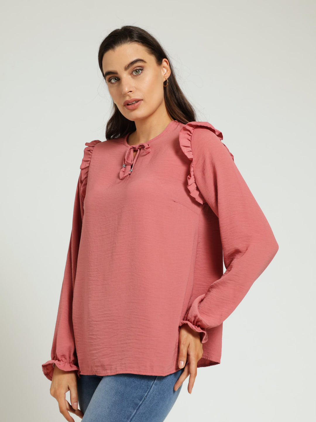 Long Sleeve V-Neck Blouse With Frill Detail - Rose