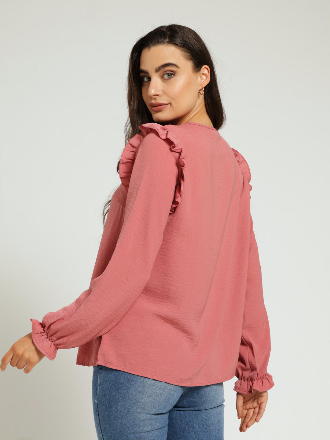 Long Sleeve V-Neck Blouse With Frill Detail - Rose