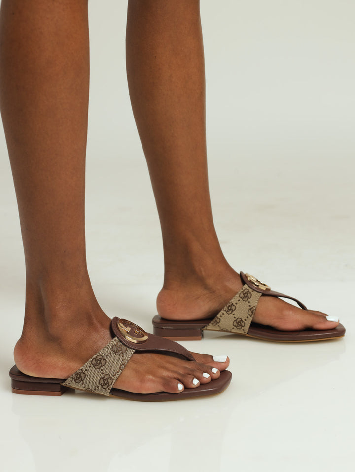 Elegant Gold Trim Thong Sandal - Brown