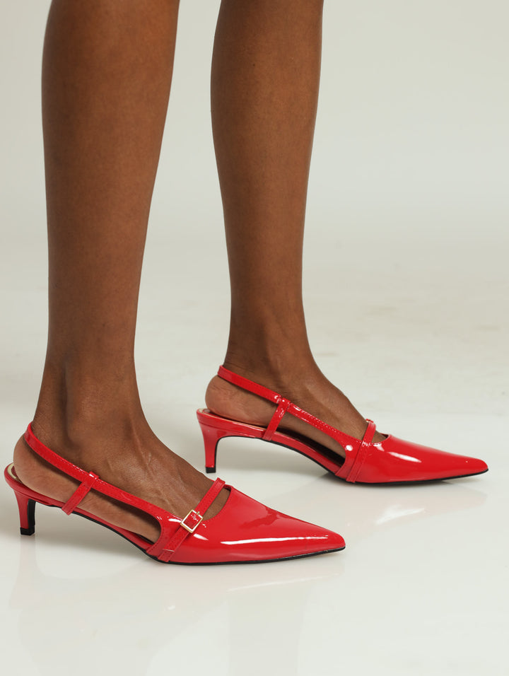 Pointy Buckle Strap Kitten Mule Heel - Red