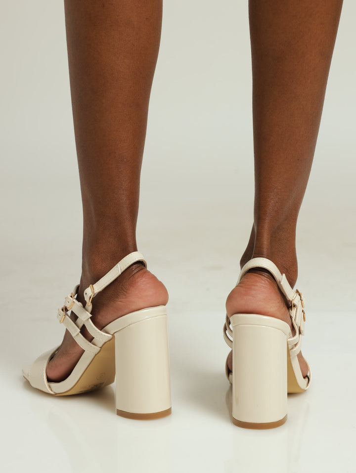 Block Heel With Ankle Buckle Strap - Beige