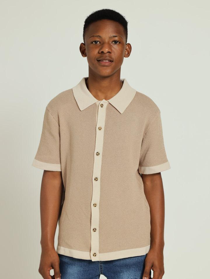 Boys Button Down Knit Top - Stone