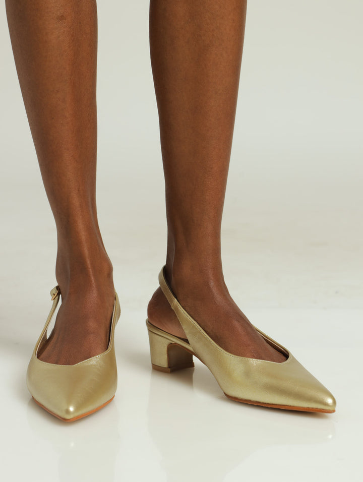 Filipa Pointed Toe Kitten Sling Back Heel - Gold