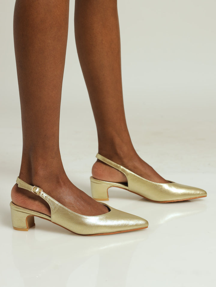 Filipa Pointed Toe Kitten Sling Back Heel - Gold