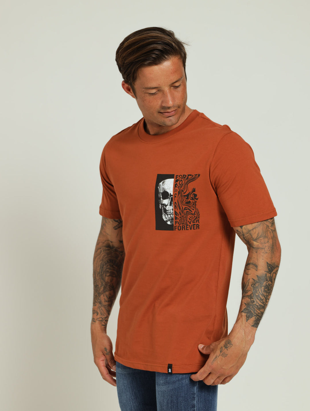 Skull Front & Back Print Tee - Rust