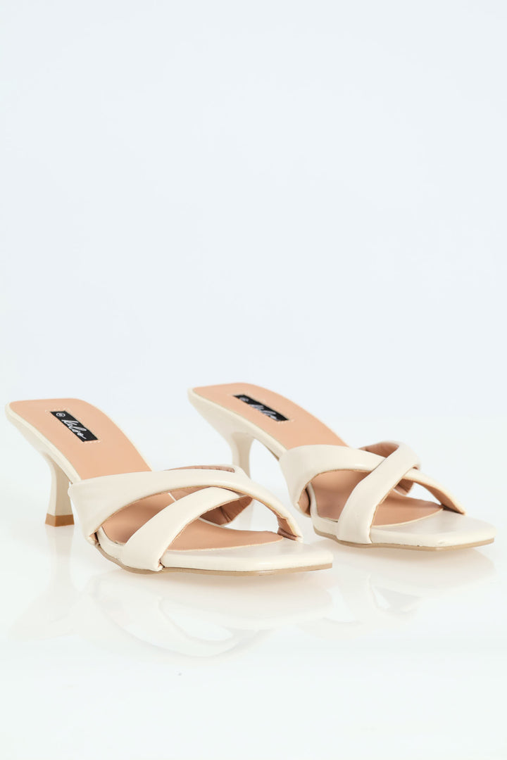 Cross Puff Straps Kitten Mule Heel - Nude