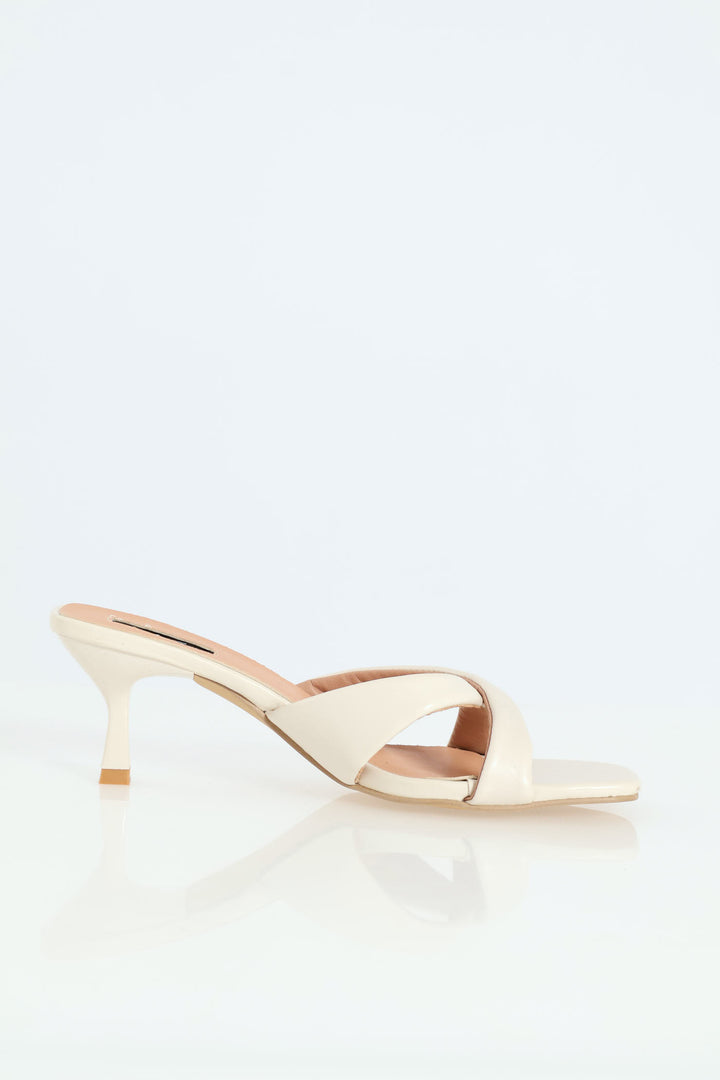 Cross Puff Straps Kitten Mule Heel - Nude